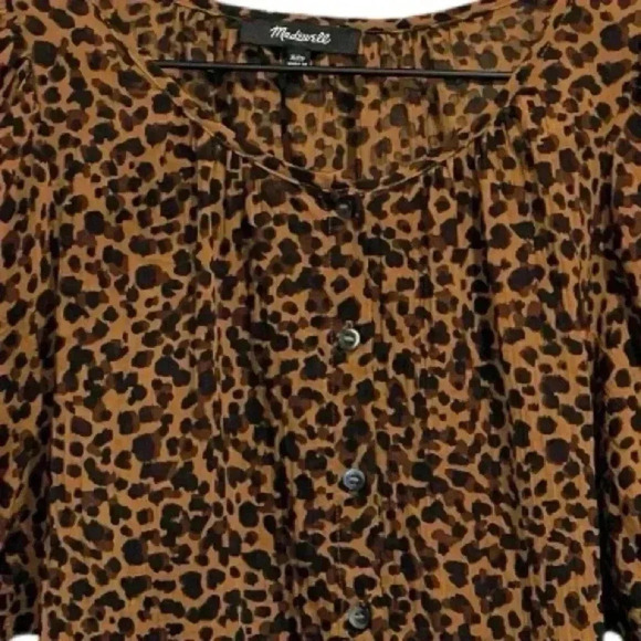 Madewell Leopard Print Button Down Puff Short Sleeve Blouse, Scoop Neck, Sz XXS - Picture 11 of 11